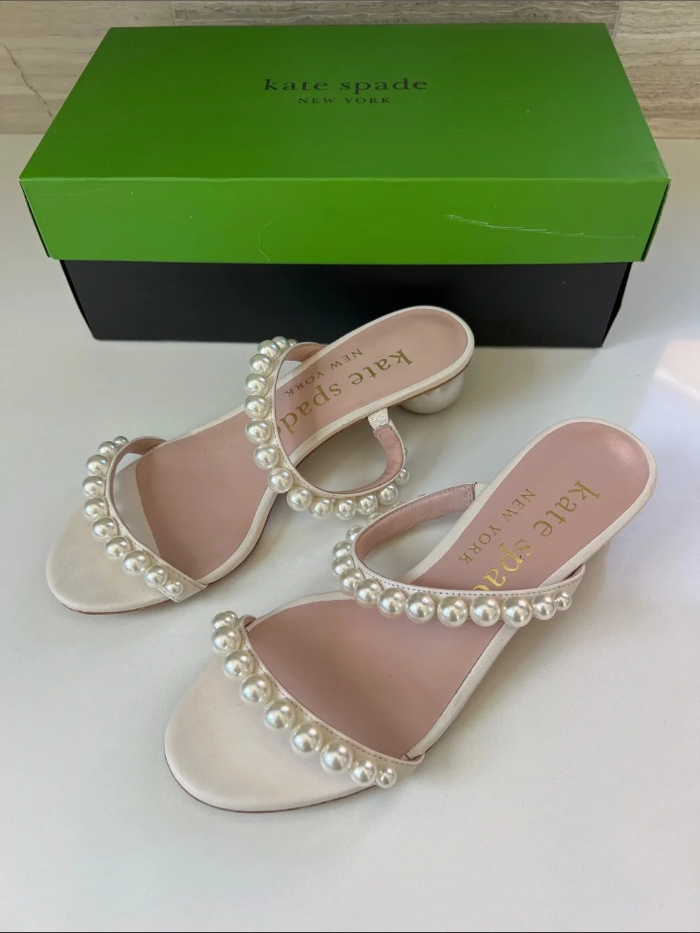 Kate Spade palm springs pearls cream leather open toe heels sandals 6